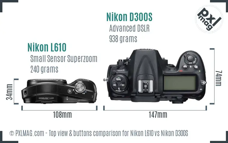 Nikon L610 vs Nikon D300S top view buttons comparison