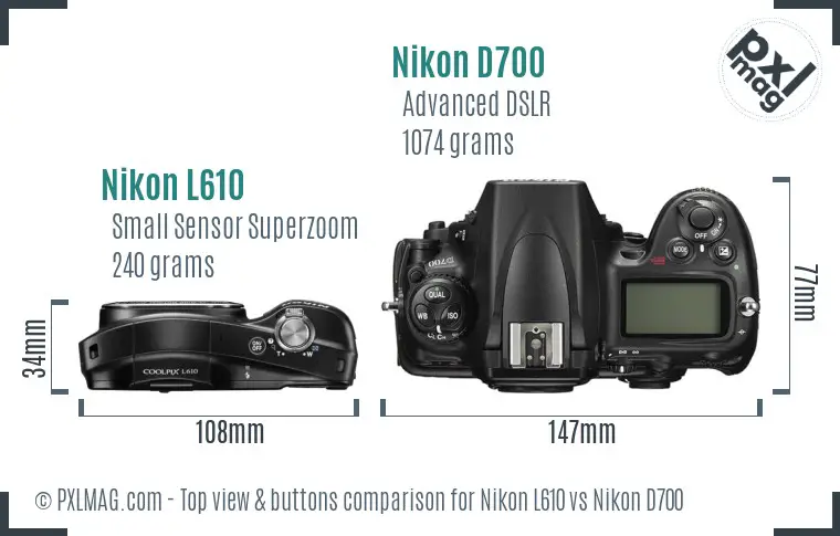 Nikon L610 vs Nikon D700 top view buttons comparison