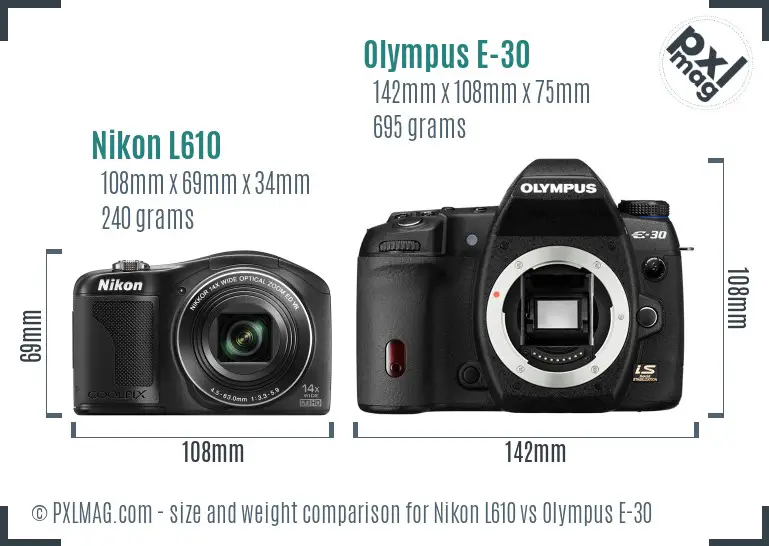 Nikon L610 vs Olympus E-30 size comparison
