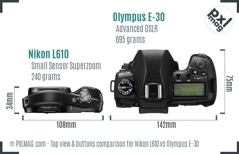 Nikon L610 vs Olympus E-30 top view buttons comparison