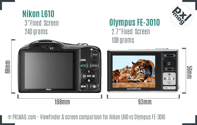 Nikon L610 vs Olympus FE-3010 Screen and Viewfinder comparison