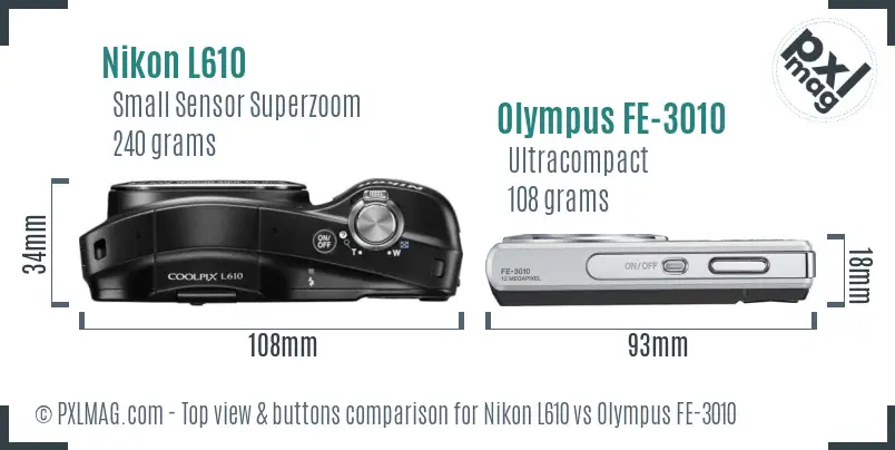 Nikon L610 vs Olympus FE-3010 top view buttons comparison