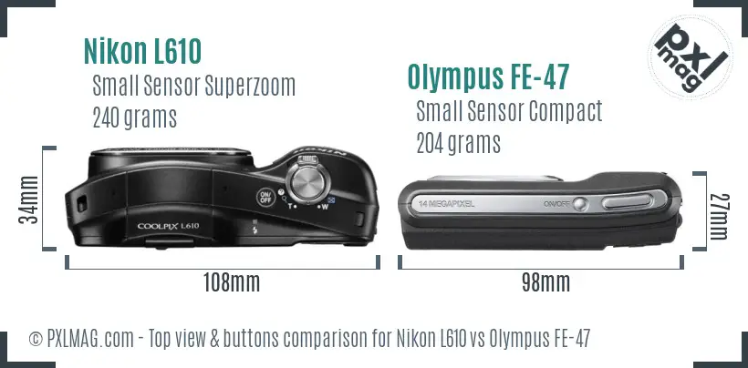 Nikon L610 vs Olympus FE-47 top view buttons comparison