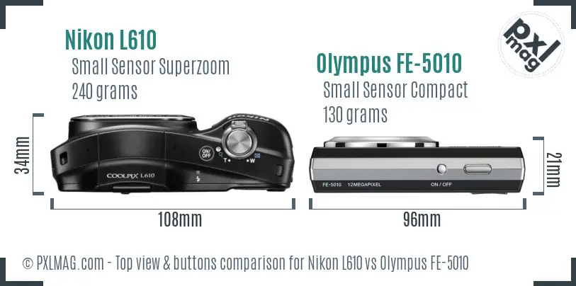 Nikon L610 vs Olympus FE-5010 top view buttons comparison Nikon L610 vs Olympus FE-5010 top view buttons comparison