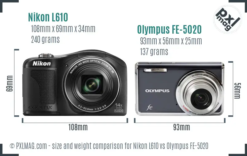 Nikon L610 vs Olympus FE-5020 size comparison