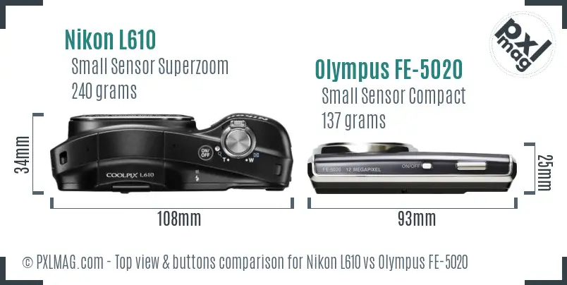 Nikon L610 vs Olympus FE-5020 top view buttons comparison