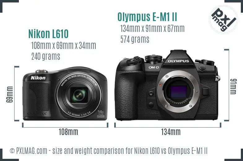 Nikon L610 vs Olympus E-M1 II size comparison