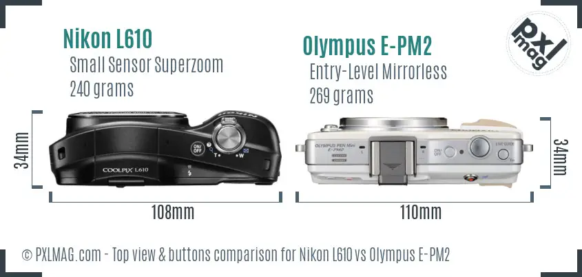 Nikon L610 vs Olympus E-PM2 top view buttons comparison