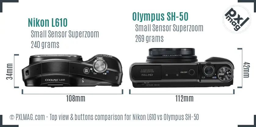 Nikon L610 vs Olympus SH-50 top view buttons comparison