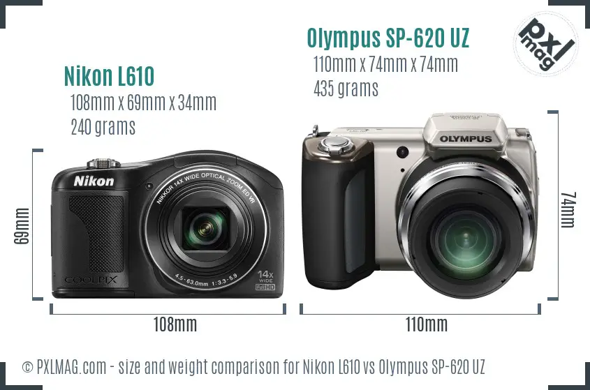Nikon L610 vs Olympus SP-620 UZ size comparison