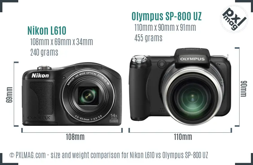 Nikon L610 vs Olympus SP-800 UZ size comparison Nikon L610 vs Olympus SP-800 UZ size comparison