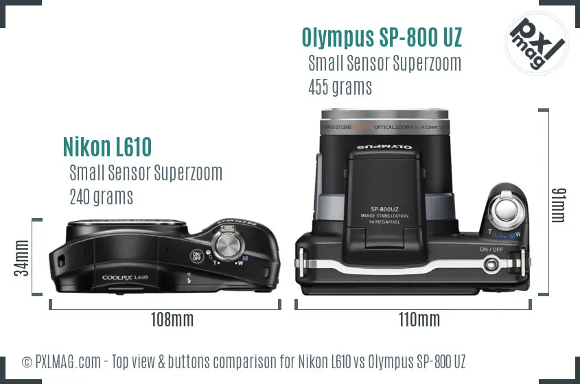 Nikon L610 vs Olympus SP-800 UZ top view buttons comparison Nikon L610 vs Olympus SP-800 UZ top view buttons comparison