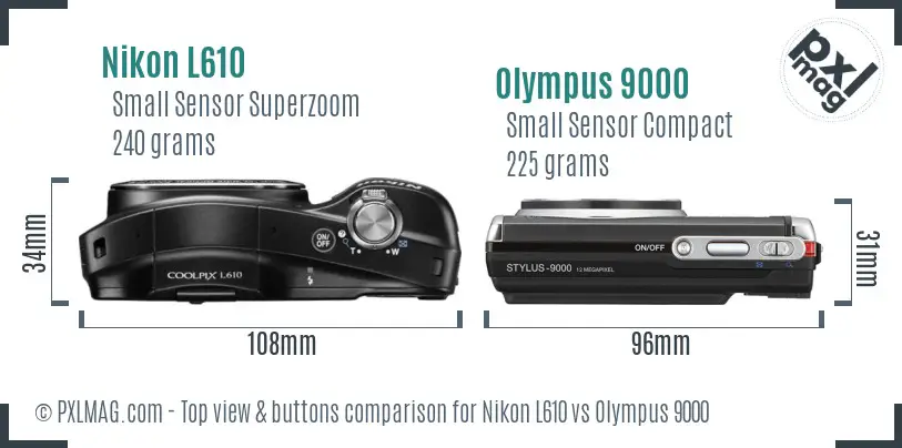 Nikon L610 vs Olympus 9000 top view buttons comparison Nikon L610 vs Olympus 9000 top view buttons comparison