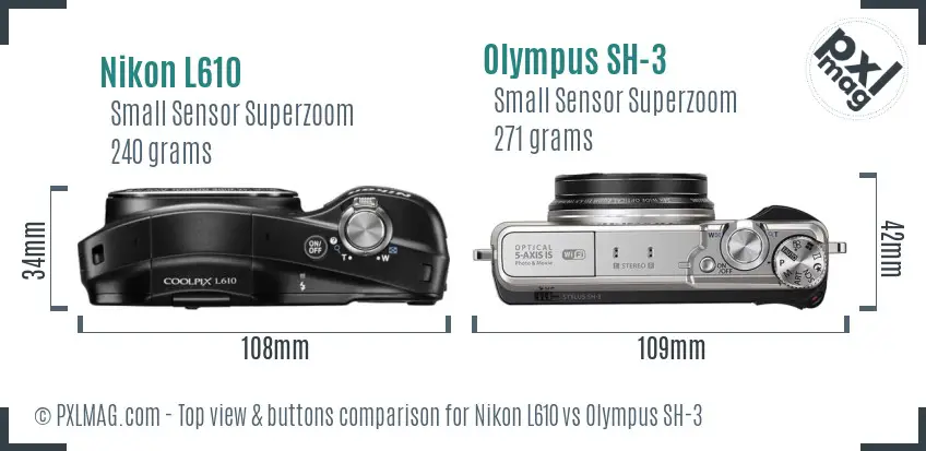 Nikon L610 vs Olympus SH-3 top view buttons comparison