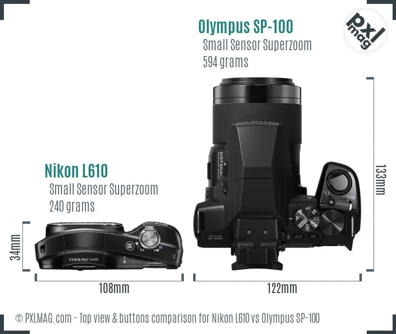 Nikon L610 vs Olympus SP-100 top view buttons comparison Nikon L610 vs Olympus SP-100 top view buttons comparison