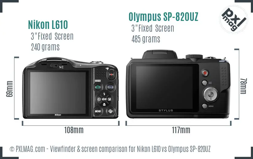 Nikon L610 vs Olympus SP-820UZ Screen and Viewfinder comparison