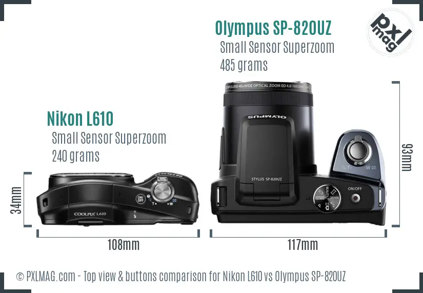 Nikon L610 vs Olympus SP-820UZ top view buttons comparison