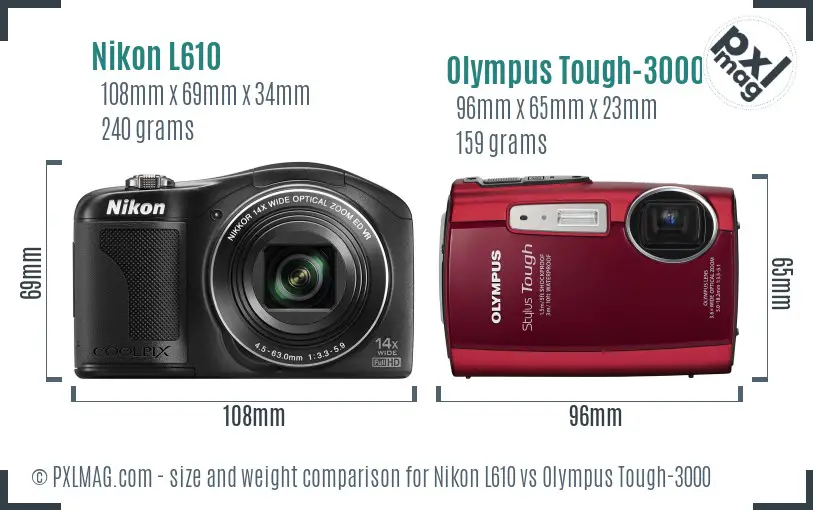Nikon L610 vs Olympus Tough-3000 size comparison