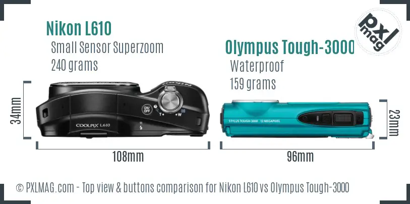 Nikon L610 vs Olympus Tough-3000 top view buttons comparison