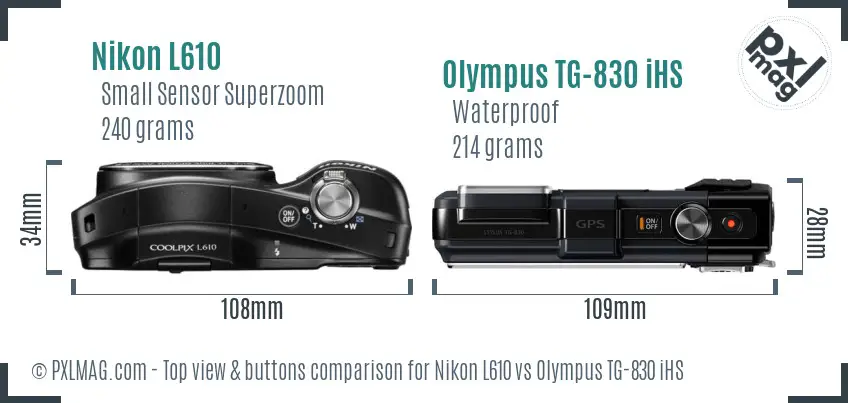 Nikon L610 vs Olympus TG-830 iHS top view buttons comparison