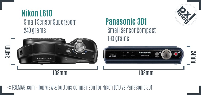 Nikon L610 vs Panasonic 3D1 top view buttons comparison