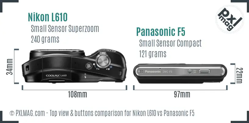 Nikon L610 vs Panasonic F5 top view buttons comparison