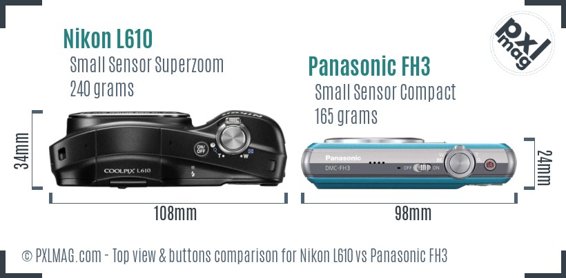 Nikon L610 vs Panasonic FH3 top view buttons comparison