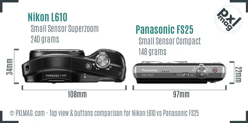 Nikon L610 vs Panasonic FS25 top view buttons comparison Nikon L610 vs Panasonic FS25 top view buttons comparison