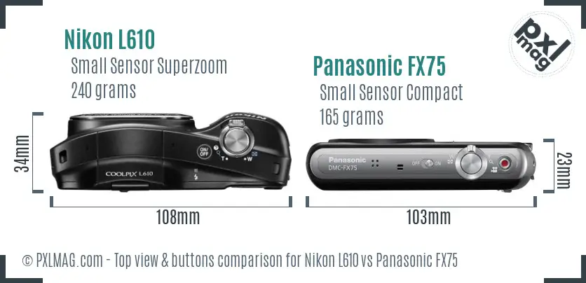 Nikon L610 vs Panasonic FX75 top view buttons comparison