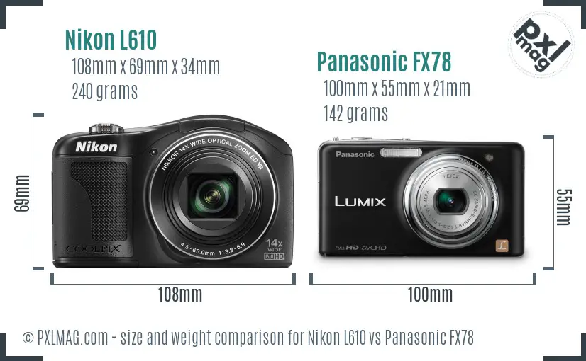 Nikon L610 vs Panasonic FX78 size comparison