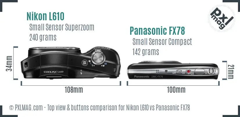Nikon L610 vs Panasonic FX78 top view buttons comparison