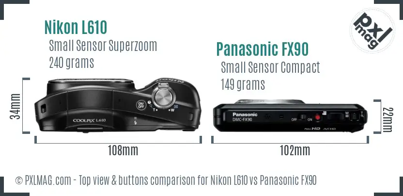 Nikon L610 vs Panasonic FX90 top view buttons comparison