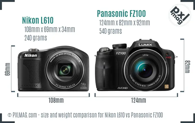 Nikon L610 vs Panasonic FZ100 size comparison