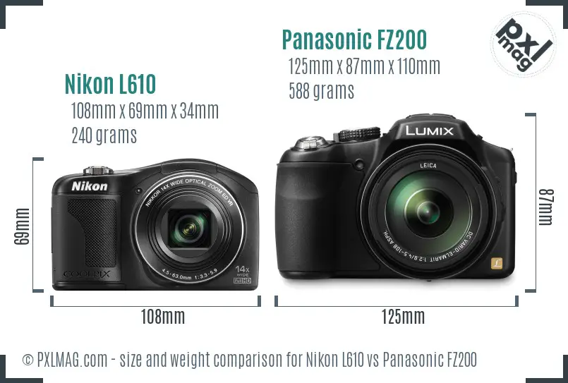 Nikon L610 vs Panasonic FZ200 size comparison
