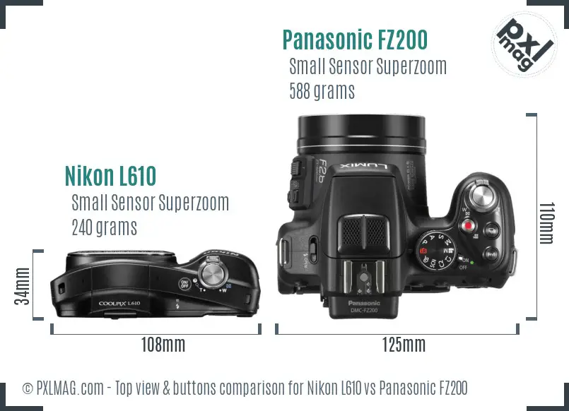 Nikon L610 vs Panasonic FZ200 top view buttons comparison