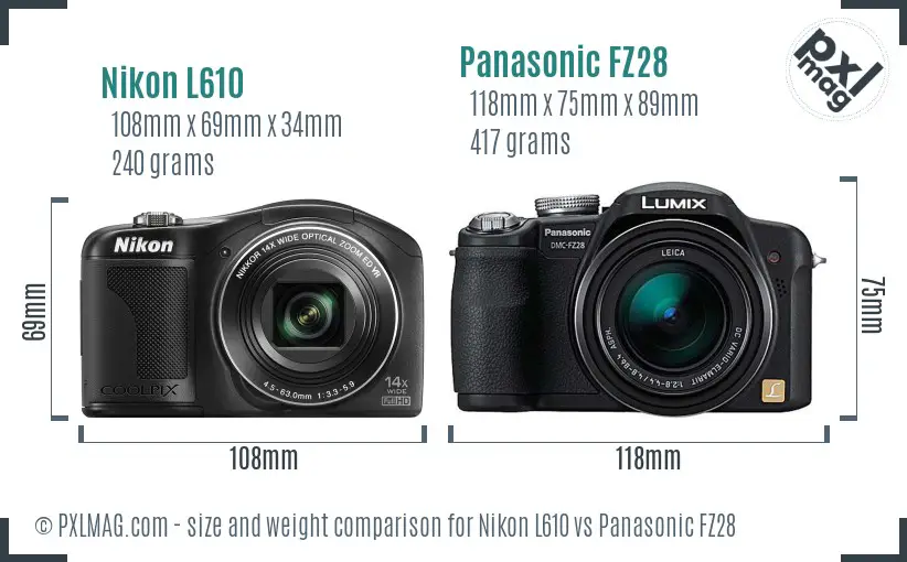 Nikon L610 vs Panasonic FZ28 size comparison Nikon L610 vs Panasonic FZ28 size comparison