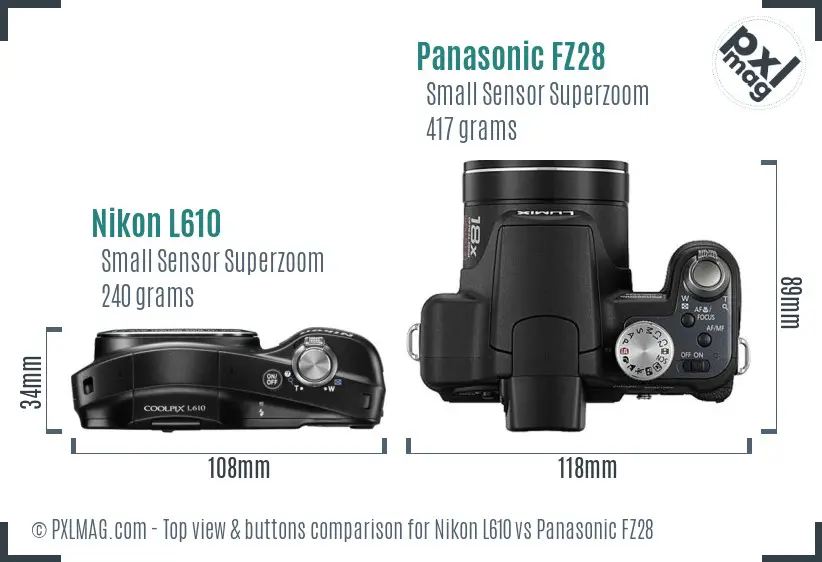 Nikon L610 vs Panasonic FZ28 top view buttons comparison Nikon L610 vs Panasonic FZ28 top view buttons comparison