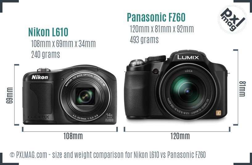 Nikon L610 vs Panasonic FZ60 size comparison