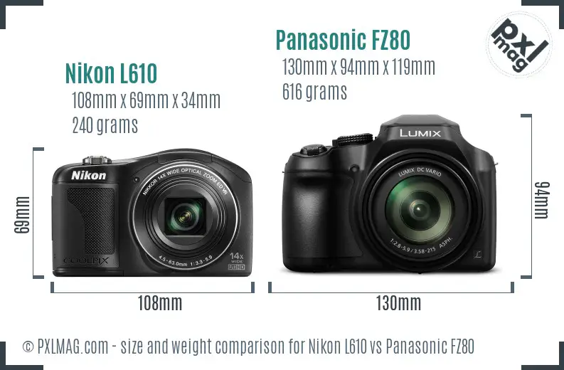 Nikon L610 vs Panasonic FZ80 size comparison