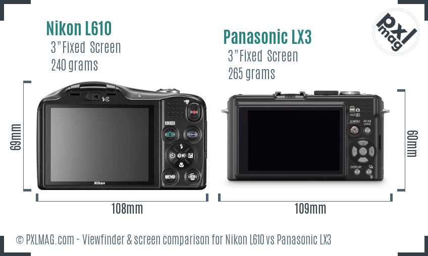 Nikon L610 vs Panasonic LX3 Screen and Viewfinder comparison