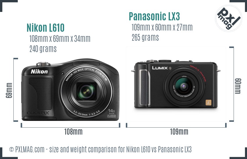 Nikon L610 vs Panasonic LX3 size comparison