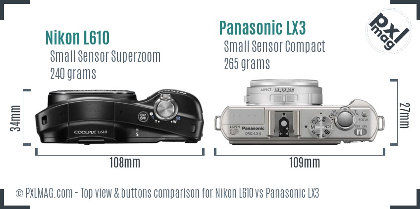 Nikon L610 vs Panasonic LX3 top view buttons comparison