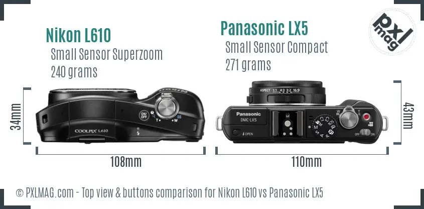 Nikon L610 vs Panasonic LX5 top view buttons comparison