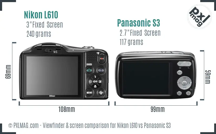 Nikon L610 vs Panasonic S3 Screen and Viewfinder comparison