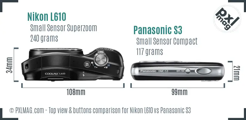 Nikon L610 vs Panasonic S3 top view buttons comparison