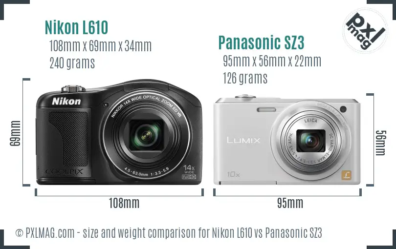 Nikon L610 vs Panasonic SZ3 size comparison