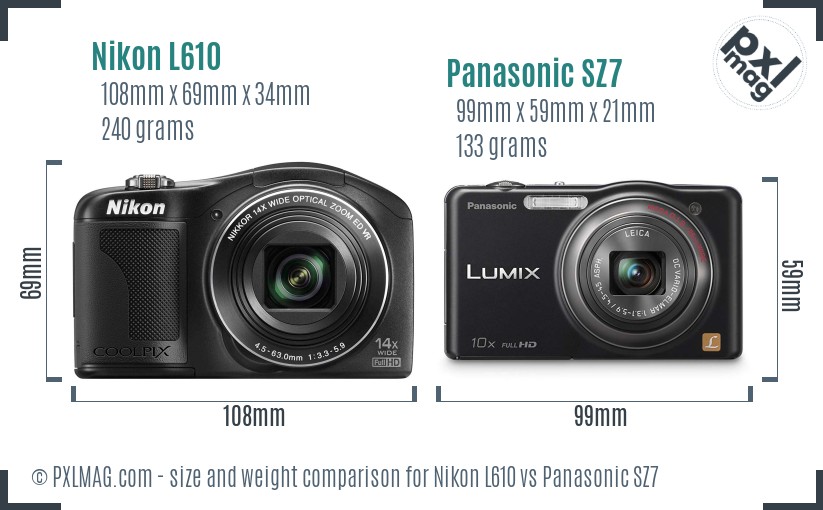 Nikon L610 vs Panasonic SZ7 size comparison