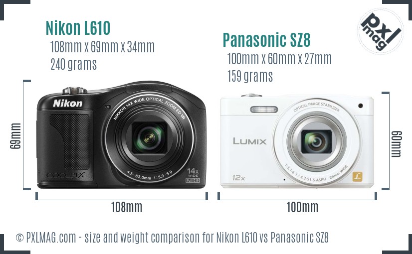 Nikon L610 vs Panasonic SZ8 size comparison
