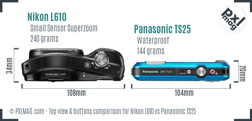 Nikon L610 vs Panasonic TS25 top view buttons comparison