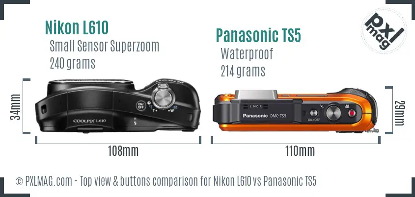 Nikon L610 vs Panasonic TS5 top view buttons comparison